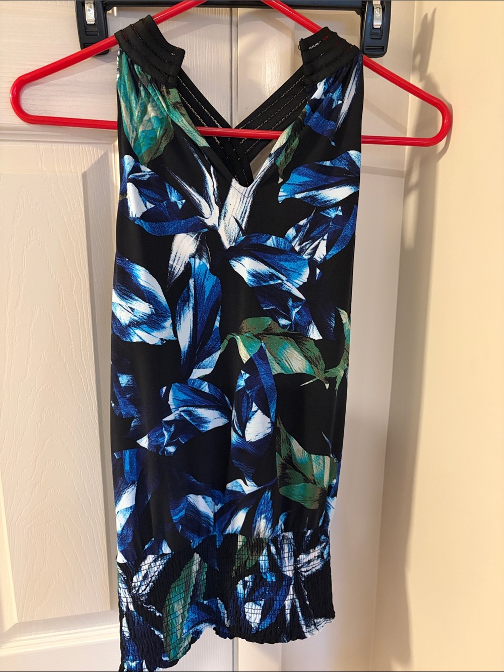 White House Black Market Black Floral-Print Midi Dress with Blue & Green Leaves